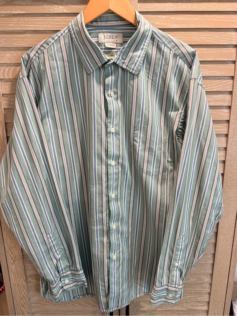 J. Crew Men's Light Green and Blue Multi-Stripe Button-Down Shirt
